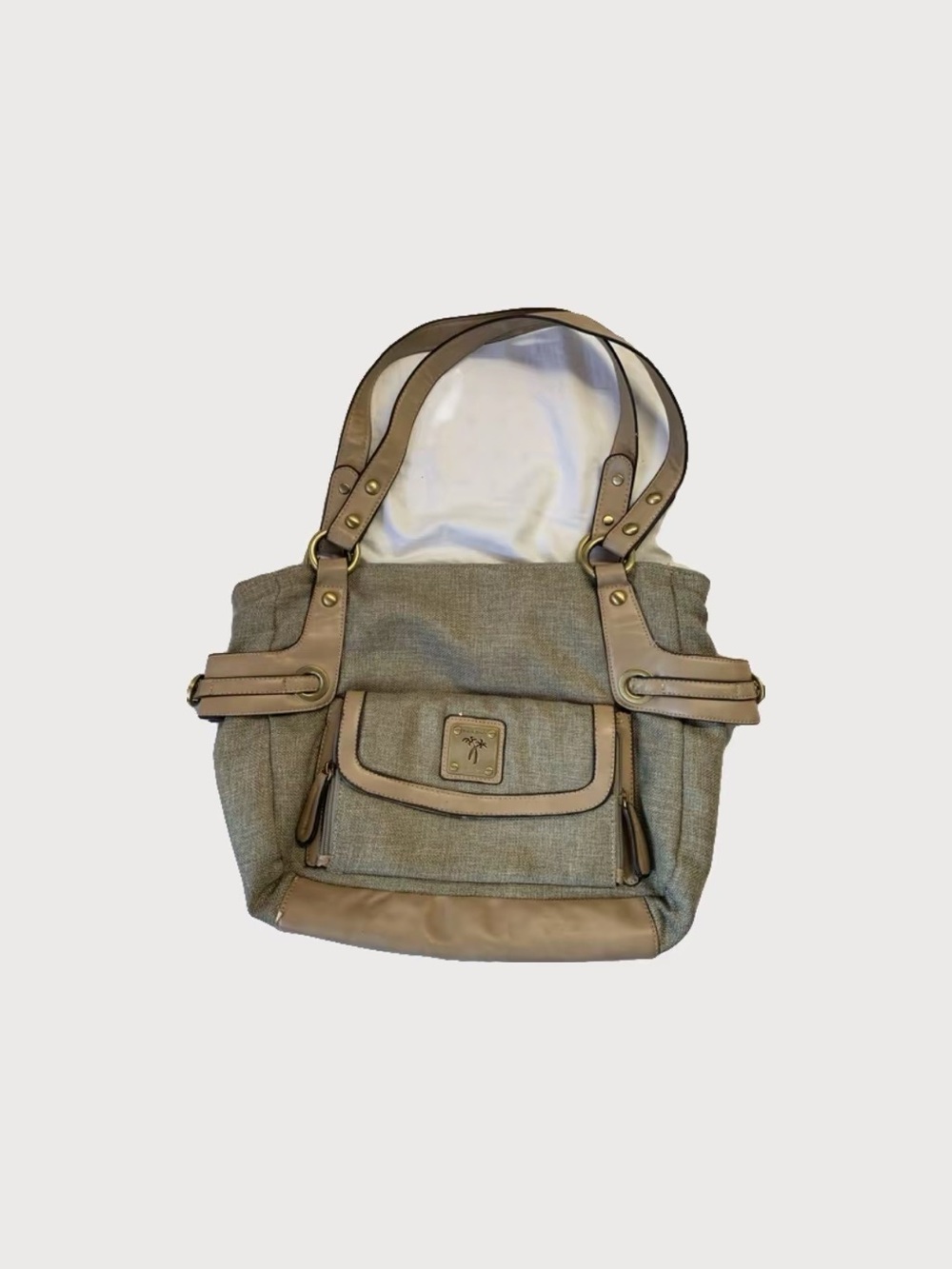 Vintage Taupe Canvas Tote Bag with Leather Trim